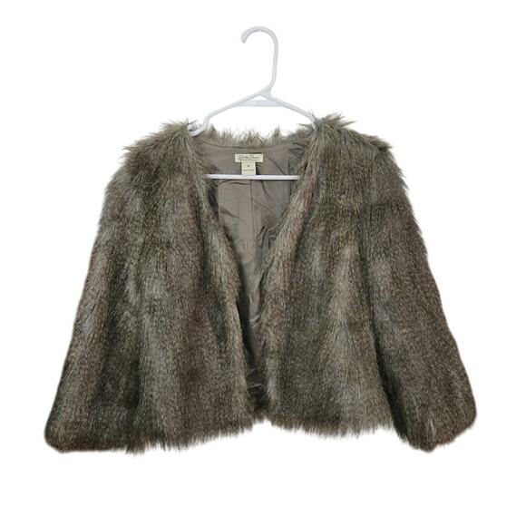 Lucky Brand Womens Faux Fur Cropped Open Front Jacket Coat Sz Medium 3/4 Sleeves - Picture 2 of 6